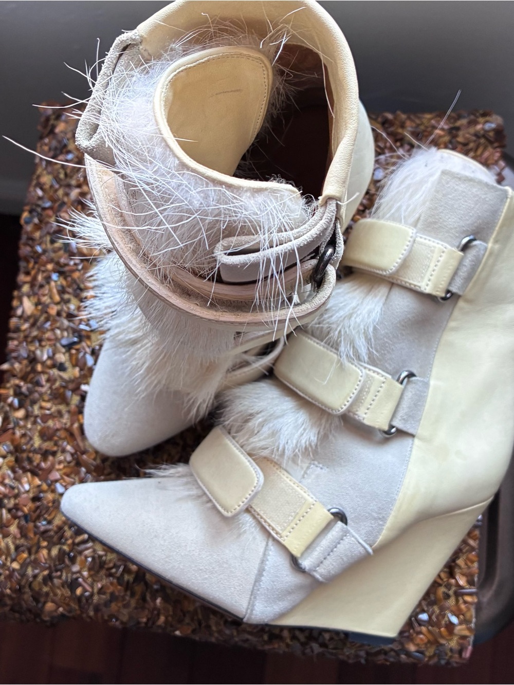 Isabel Marant Cream Wedge Ankle Boots with Pony Hair Straps - Picture 2 of 10